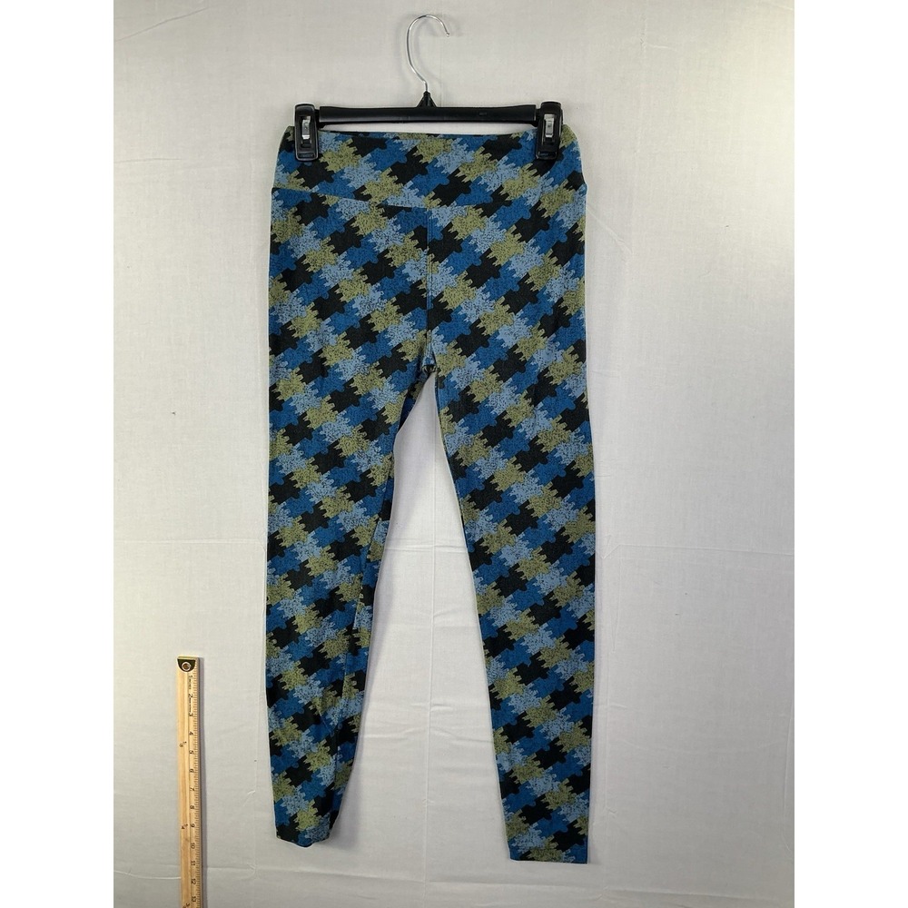 LuLaRoe One Size Blue Green Houndstooth Print Stretch Leggings